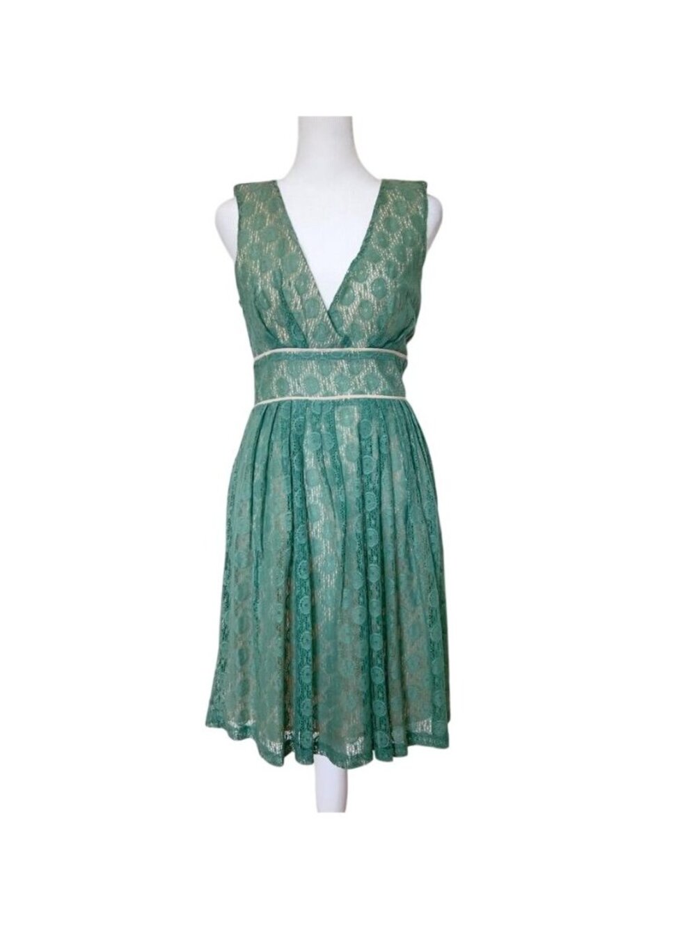 Vintage Sage Green Lace Midi Dress Garden Party Sorority Rush Cocktail Feminine - Picture 2 of 11